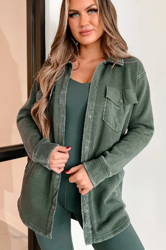 Keeping Positive Snap Button Shacket (Deep Forest) Modern Work Blouse