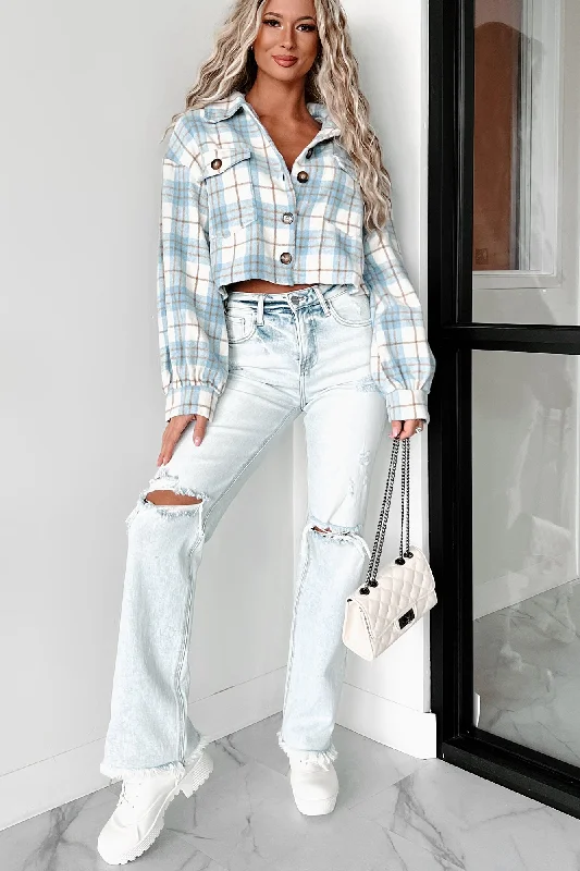 Maplewood Springs Plaid Crop Shacket (Blue) Chic Wrap Blouse