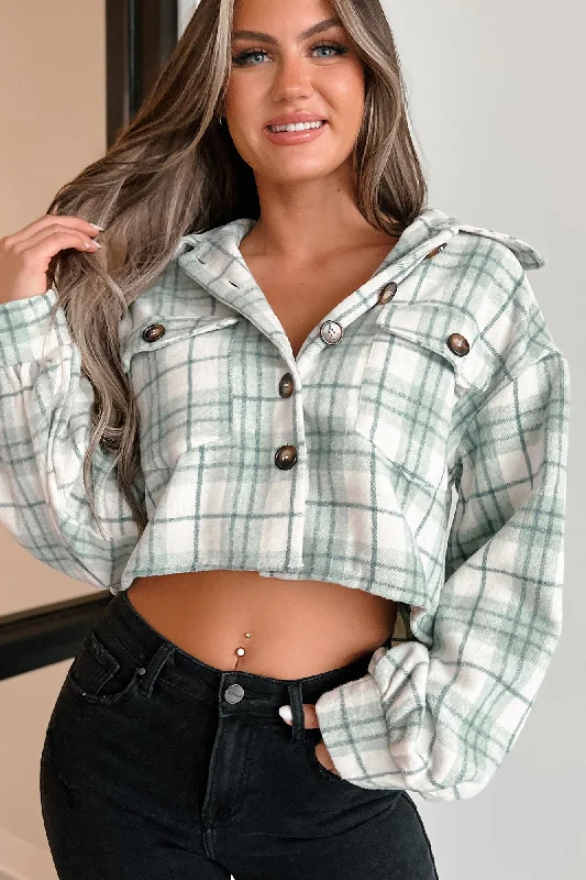 Maplewood Springs Plaid Crop Shacket (Sage) Double Button Blouse