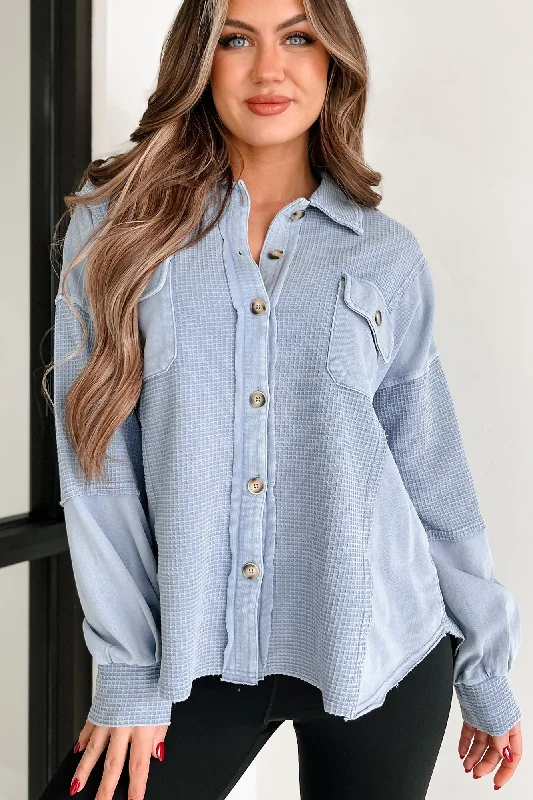 Past & Present Vintage Wash Waffle Shacket (Blue) Soft Satin Blouse