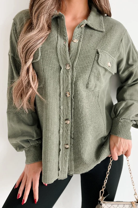 Past & Present Vintage Wash Waffle Shacket (Olive) Sheer Mesh Blouse