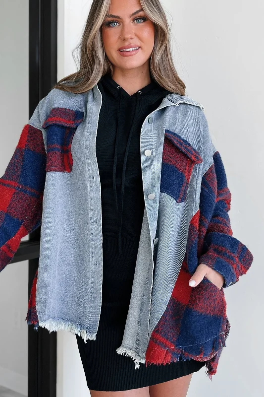 Praying For Patience Oversized Denim/Flannel Shacket (Denim Multi) Gathered Detail Blouse