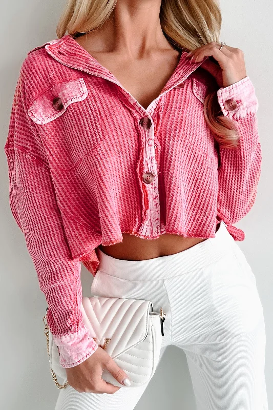 Promise Of Fall Acid Wash Waffled Crop Shacket (Fuchsia) Feminine Puff Blouse