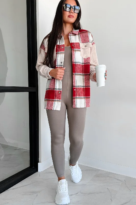 Selfish Decisions Corduroy Sleeve Plaid Shacket (Ruby) Loose Fit Blouse