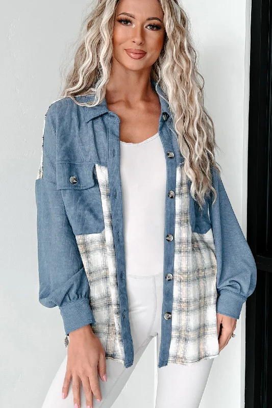 So Plaid You're Mine Waffle Plaid Shacket (Denim Blue) Classic White Blouse