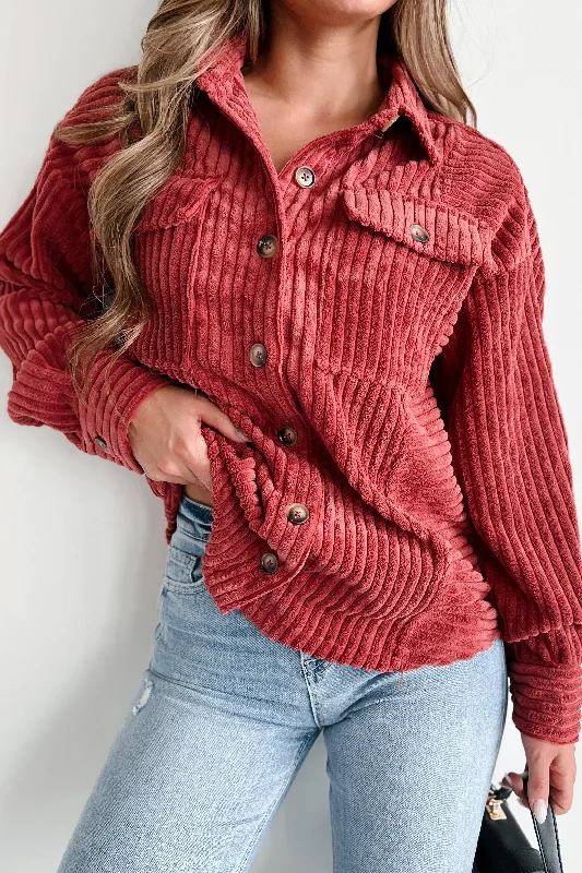 Spare Your Feelings Oversized Ribbed Shacket (Brick) Office-Ready Blouse