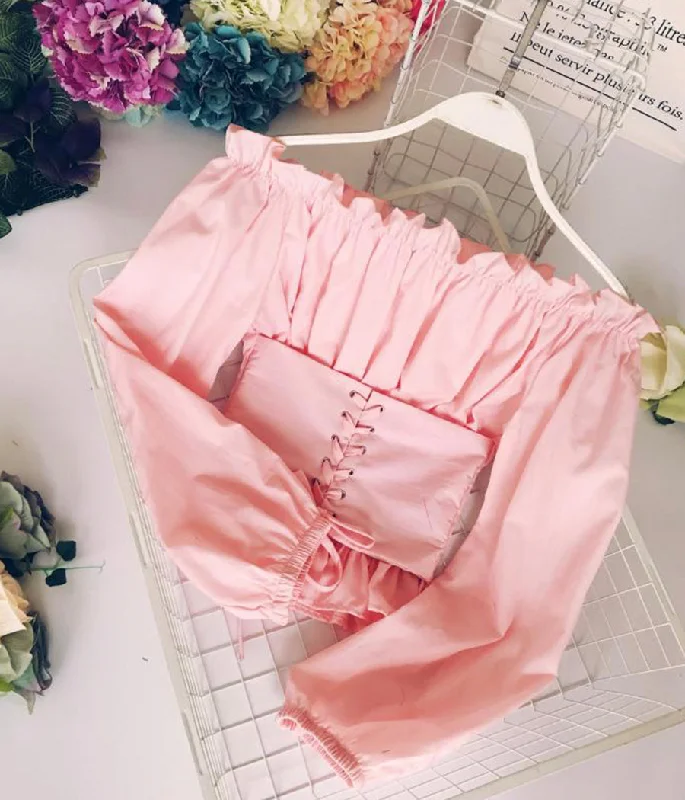 Stylish Off The Shoulder Long Sleeves Slim Top Blouse     S4387 Elegant Silk Blouse