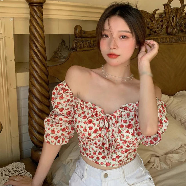 Summer Floral Thin One-Shoulder Blouse     S2827 Puff Sleeve Blouse