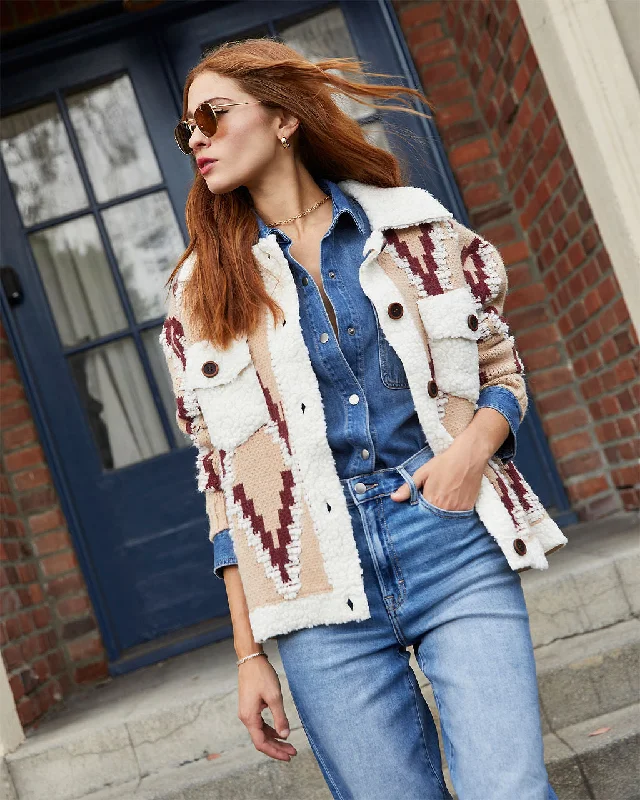Sweeney Contrast Sherpa Trim Shacket Feminine Tie Blouse