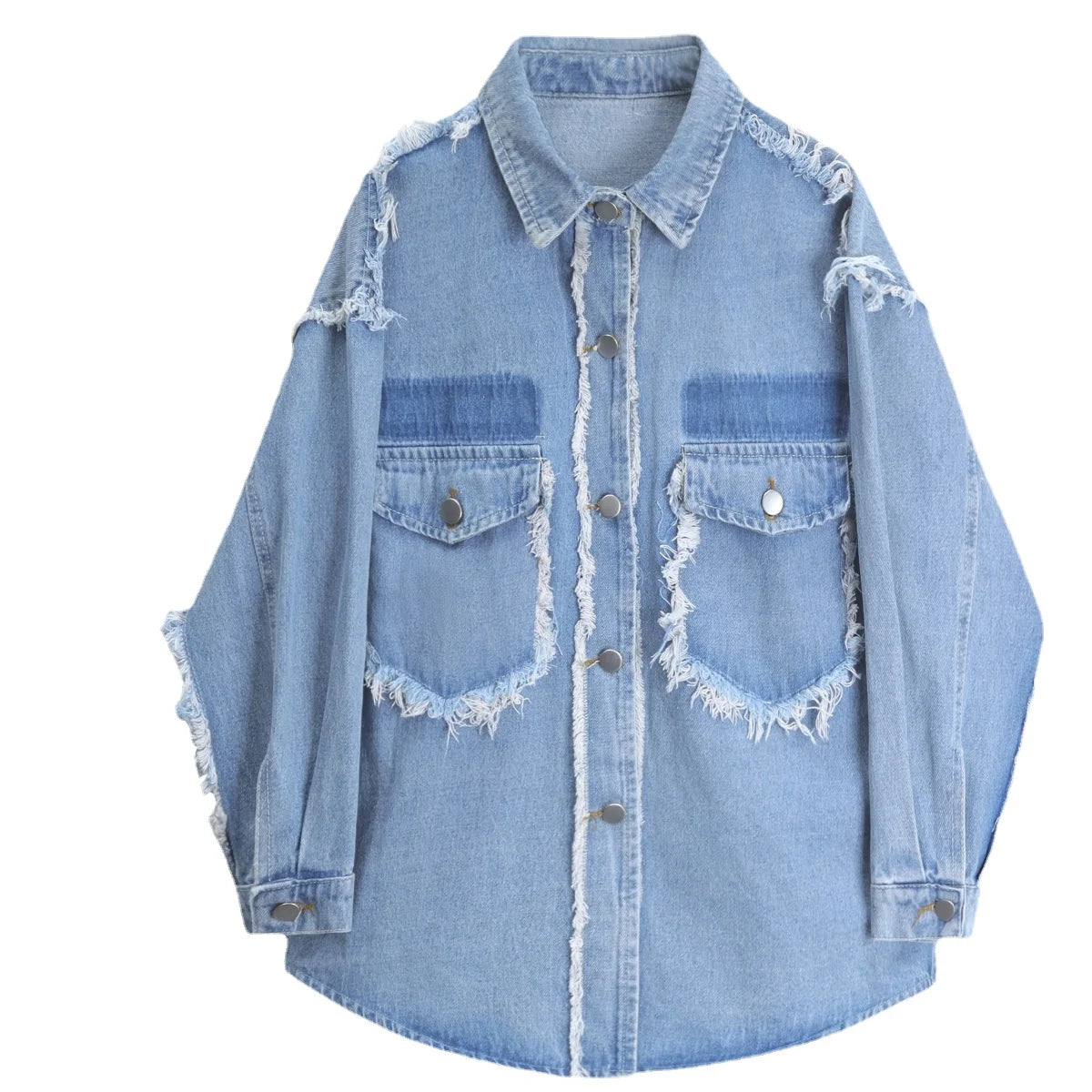 Lake Blue Frayed Drop Shoulder Denim Shacket for Women Soft Modal Blouse