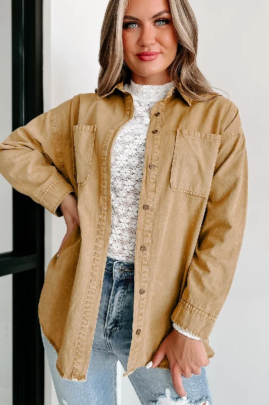 Waving Goodbye Vintage Wash Oversized Shacket (Khaki) Cotton Casual Blouse