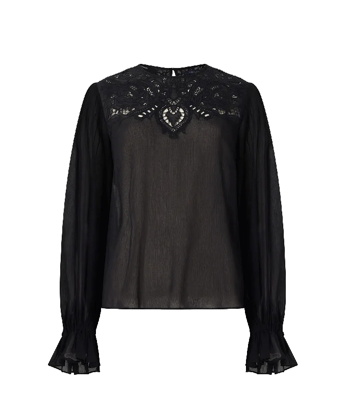 Emina Chiffon Lace Blouse - Black Stretchy Fitted Blouse