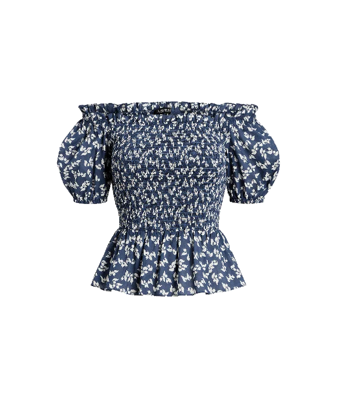Floral Cotton Voile Peplum Blouse - Blue Peter Pan Blouse