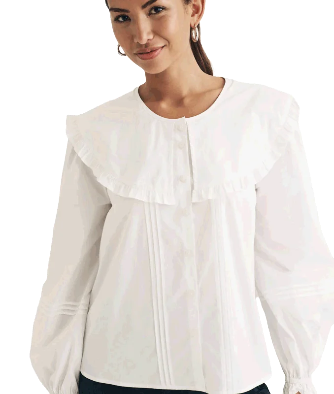 Peter Pan Collar Blouse - White Satin Long Blouse
