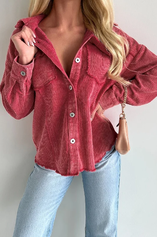 Won't Wait Around Washed Corduroy Shacket (Hot Pink) Sleeveless Chiffon Blouse