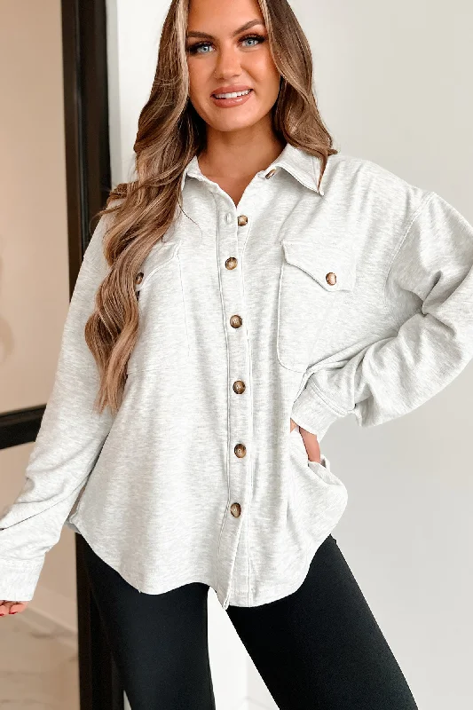 Worry Less Lightweight Shacket (Heather White) Soft Knit Blouse