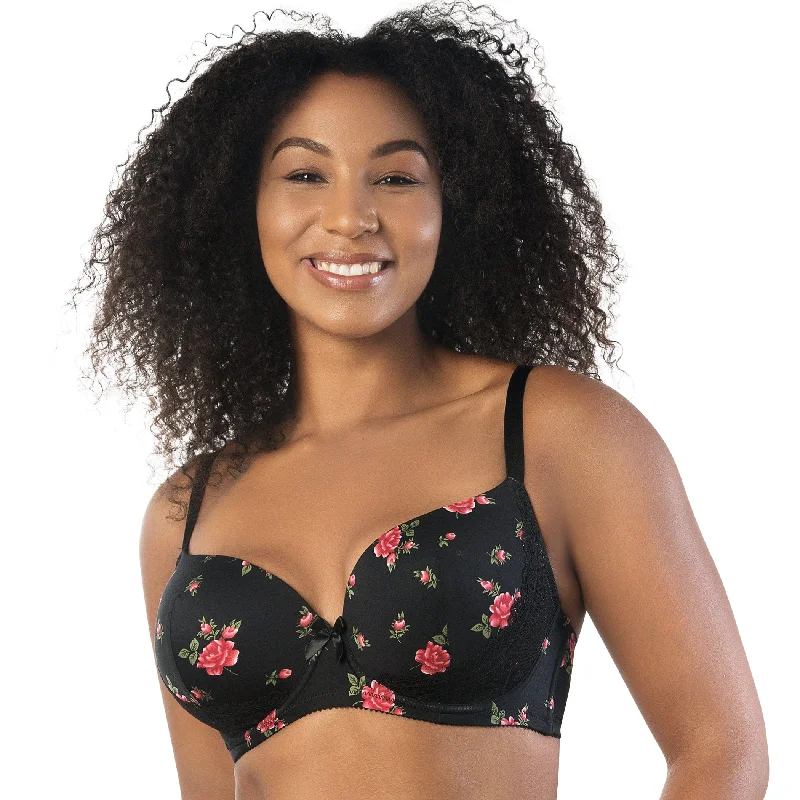 Casey Plunge Molded T-Shirt Bra - Black w/ Rose Print Zippered Buttoned Snapped