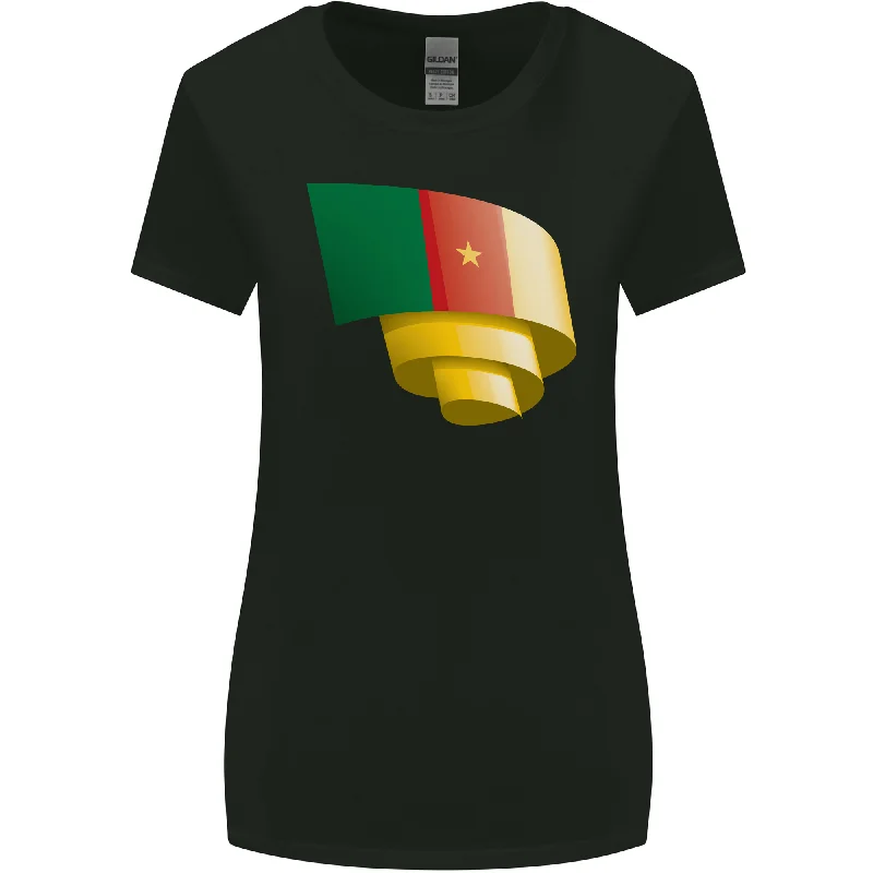 Curled Cameroon Flag Cameroonian Day Football Womens Wider Cut T-Shirt Ribbed Striped Patterned