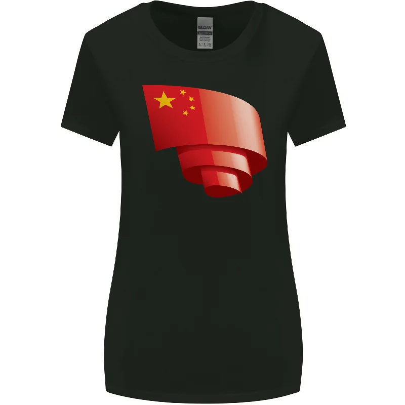 Curled China Flag Chinese Day Football Womens Wider Cut T-Shirt Mesh Fabric Canvas Fabric Denim Fabric