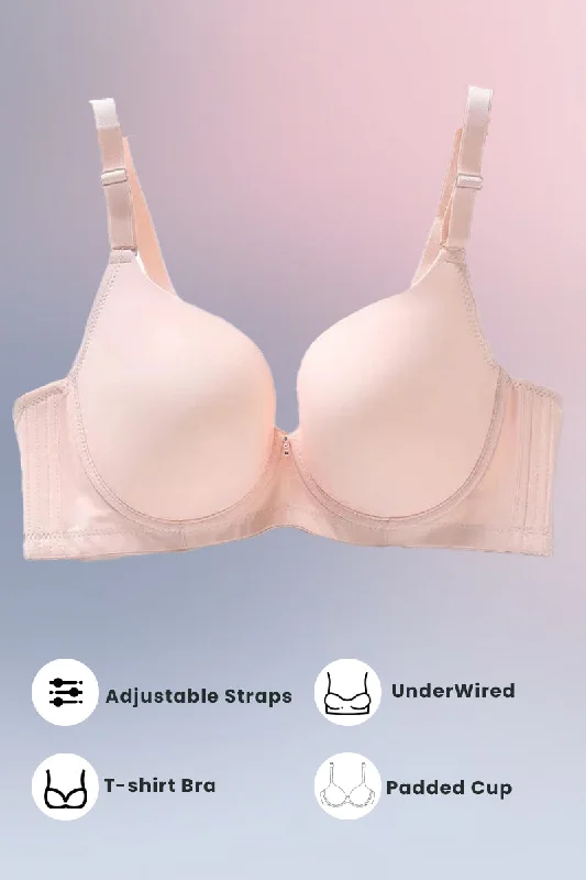 Espico Pink Padded Wired T-Shirt Bra - Skin V-Neck T-Shirt Long Sleeve Cotton