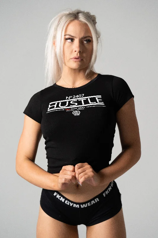 Hustle | Women's Fitted Gym T-Shirt | Black Ribbed T-Shirt High Neck Heavyweight