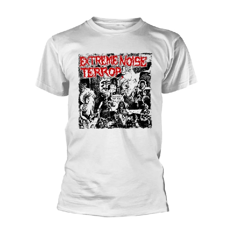 Extreme Noise Terror Unisex T-shirt: Holocaust (White) Denim Fabric Leather Fabric Suede Fabric Extreme Noise Terror Unisex T-shirt: Holocaust (White) Denim Fabric Leather Fabric Suede Fabric