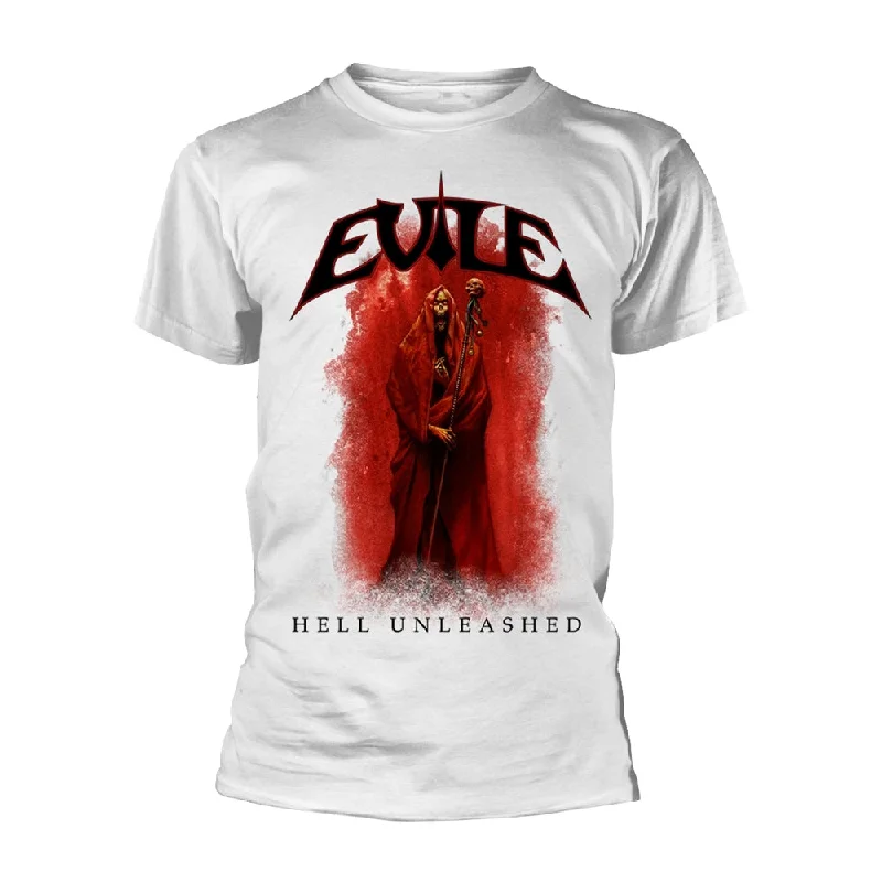 Evile Unisex T-shirt: Hell Unleashed (White) (back print) Mesh Blend Leather Blend Suede Blend