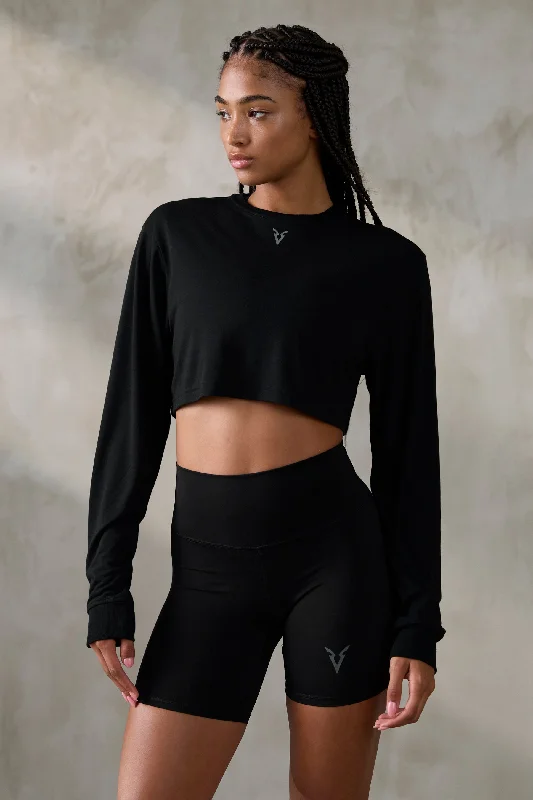 V_SYLK BOXY LONG SLEEVE T-SHIRT - Black Anti-Shrink Durable Soft