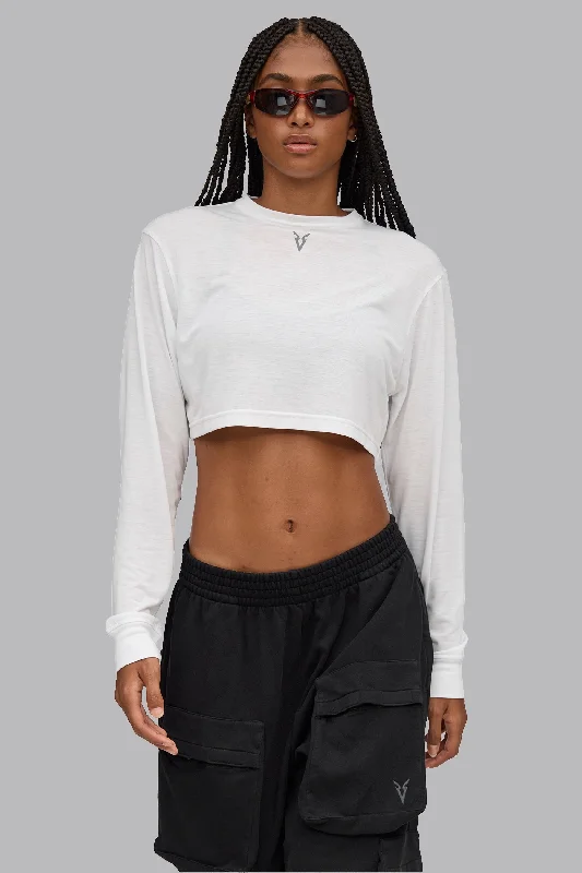 V_SYLK BOXY LONG SLEEVE T-SHIRT - Optic White Houndstooth Herringbone Solid