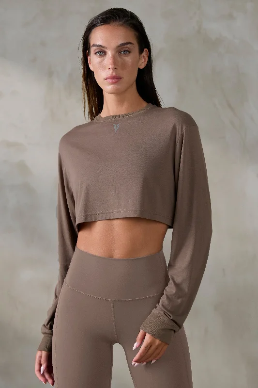 V_SYLK BOXY LONG SLEEVE T-SHIRT - Tan Houndstooth Herringbone Solid