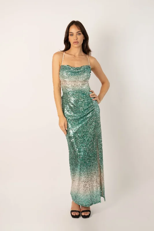 ADA Maxi Ombre Sequin Cowl Maxi Dress - Backless Classic Tulle Maxi Dress