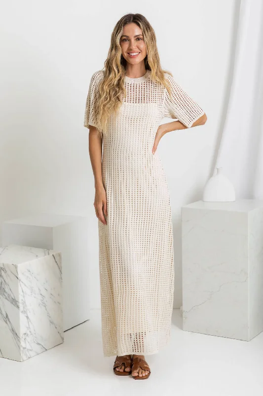 Airlie Crochet Maxi Dress - Natural Trendy Maxi Dress with Bow