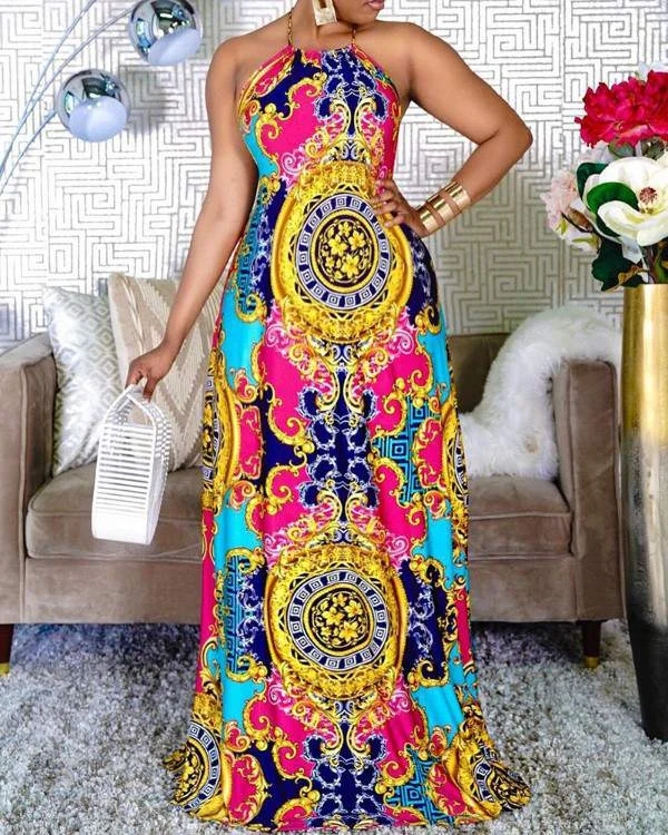 All Over Print Halter Sleeveless Maxi Dress Trendy Fit-and-Flare Maxi Dress