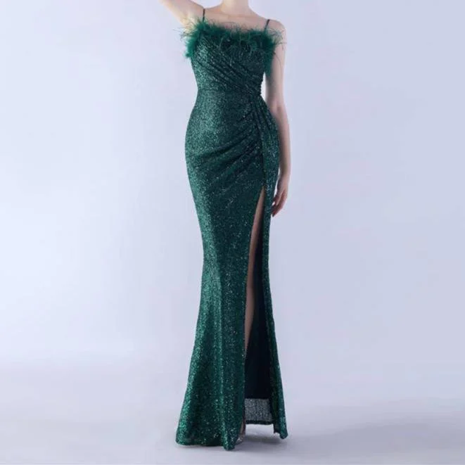 Annabeth Spaghetti Straps Feathered Maxi Dress Classic Black Maxi Dress