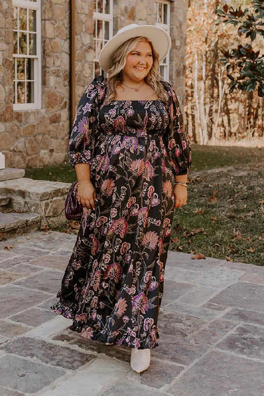 Autumn Encounters Satin Floral Maxi Dress Curves Elegant Boho Maxi Dress