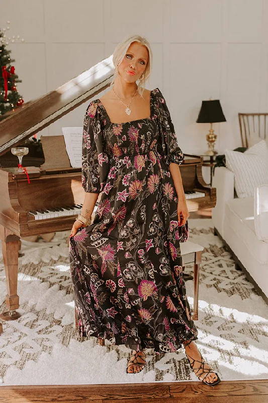 Autumn Encounters Satin Floral Maxi Dress Elegant Maxi Dress with Belt