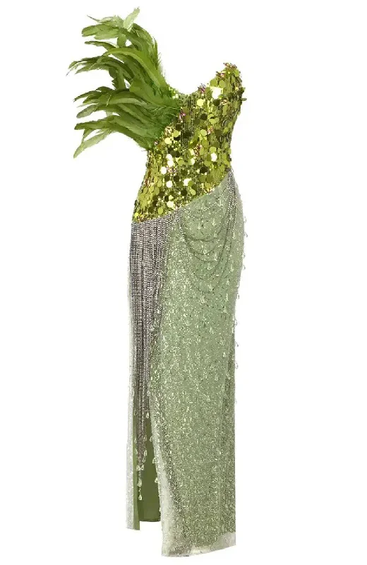 Avonlea Strapless Feather Sequin Maxi Dress Chic Off-Shoulder Maxi Dress