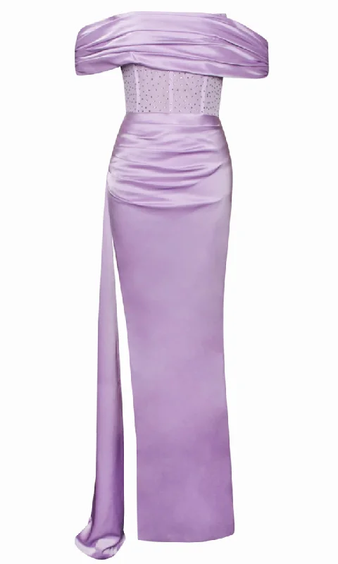 Bella Vita <br><span>Lavender Sheer Mesh Lace Satin Short Sleeve Off The Shoulder Draped High Slit Maxi Dress</span> Fashionable High-Low Maxi Dress Bella Vita <br><span>Lavender Sheer Mesh Lace Satin Short Sleeve Off The Shoulder Draped High Slit Maxi Dress</span> Fashionable High-Low Maxi Dress