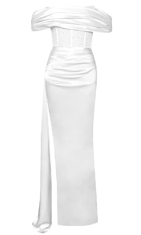 Bella Vita <br><span>White Sheer Mesh Lace Satin Short Sleeve Off The Shoulder Draped High Slit Maxi Dress</span> Comfortable Pleated Maxi Dress Bella Vita <br><span>White Sheer Mesh Lace Satin Short Sleeve Off The Shoulder Draped High Slit Maxi Dress</span> Comfortable Pleated Maxi Dress