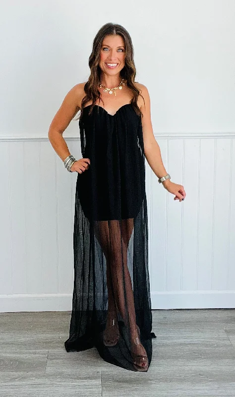 Black Mesh Overlay Corset Maxi Dress (Reg) Comfortable Ruffle Hem Maxi Dress