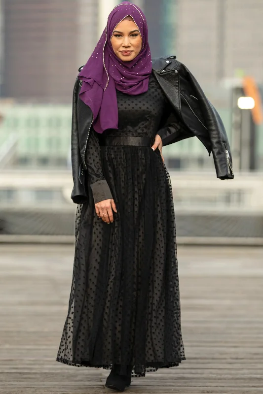 Black Mesh Polka Dot Long Sleeve Maxi Dress- Clearance Trendy A-Line Maxi Dress