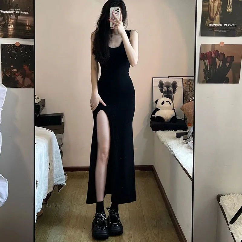 Black Sleeveless Strap Dress Women Sexy Slim Fit Side Slit Irregular Maxi Dress woman Summer Korean Simple One piece Dresses Chic Off-Shoulder Maxi Dress Black Sleeveless Strap Dress Women Sexy Slim Fit Side Slit Irregular Maxi Dress woman Summer Korean Simple One piece Dresses Chic Off-Shoulder Maxi Dress