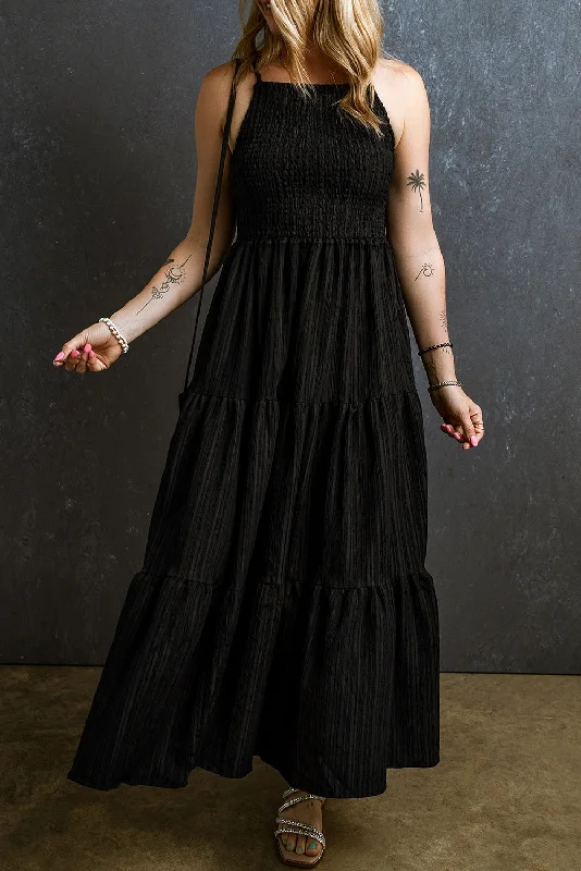 Black Spaghetti Straps Smocked Pleated Tiered Maxi Dress Fashionable Asymmetrical Maxi Dress Black Spaghetti Straps Smocked Pleated Tiered Maxi Dress Fashionable Asymmetrical Maxi Dress
