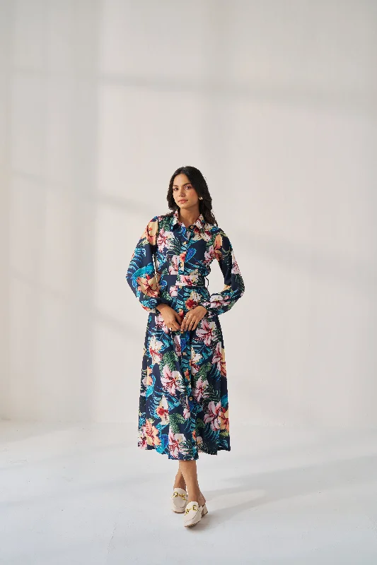 BLUE LILY-TROPICAL PRINT BLUE MAXI DRESS Comfortable Satin Maxi Dress