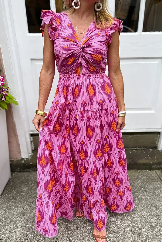 Bonbon Retro Print Twisted Front Ruffled Sleeve Maxi Dress Stylish Button-Up Maxi Dress Bonbon Retro Print Twisted Front Ruffled Sleeve Maxi Dress Stylish Button-Up Maxi Dress