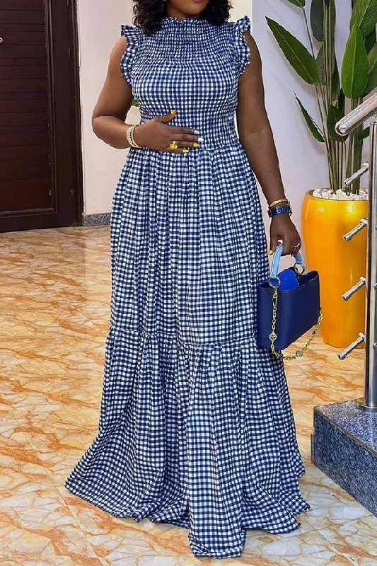 Checked Strap Shirred Urban Ruffles Maxi Dress Trendy Maxi Dress with Straps