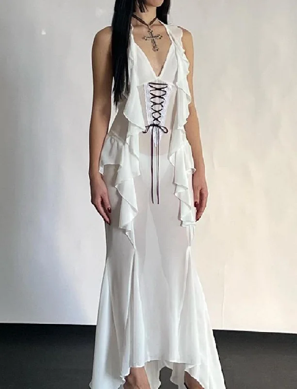 Deep V Ruffle Lace Up See Through Halter Bodycon Maxi Dress Stylish Maxi Dress with Pleats Deep V Ruffle Lace Up See Through Halter Bodycon Maxi Dress Stylish Maxi Dress with Pleats