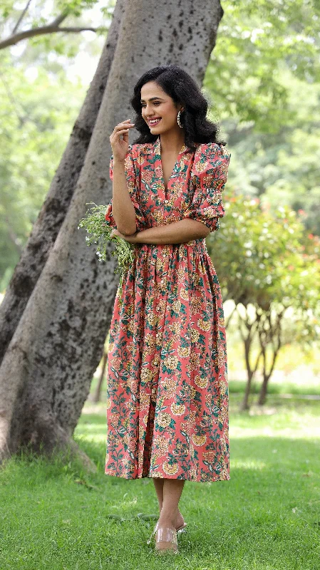 Deveshi- Adaara Floral Peach Mosh Pink Maxi Dress with Statement Sleeves Cozy Maxi Dress with Slit Deveshi- Adaara Floral Peach Mosh Pink Maxi Dress with Statement Sleeves Cozy Maxi Dress with Slit