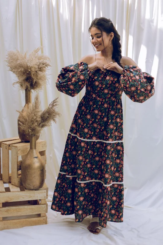 Eden - Adaara Balloon Sleeve Printed Maxi Dress Elegant Floral Maxi Dress