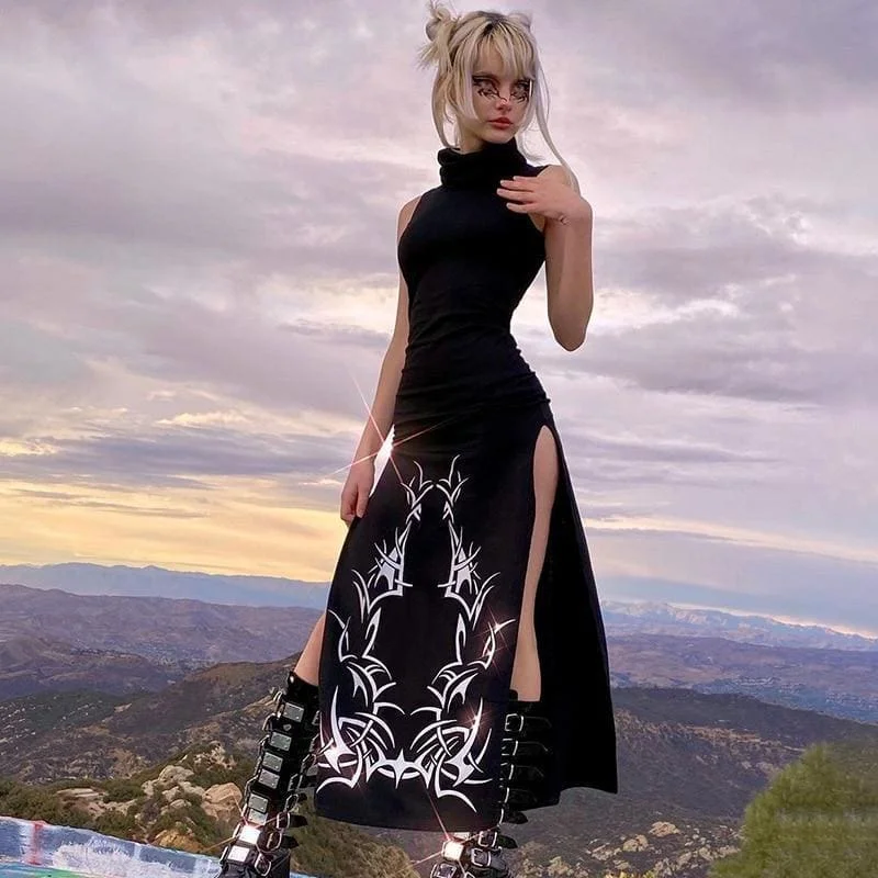 Edgy Turtleneck Double Slash Black Maxi Dress Stylish Boho Chic Maxi Dress
